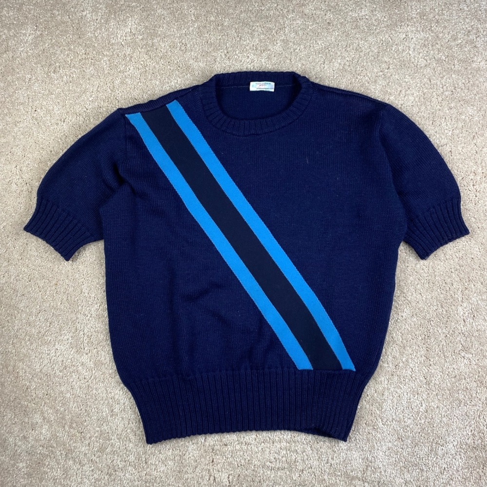 Vintage Jean Lee Originals Wool Short Sleeve Sweater Navy Blue Stripe Large